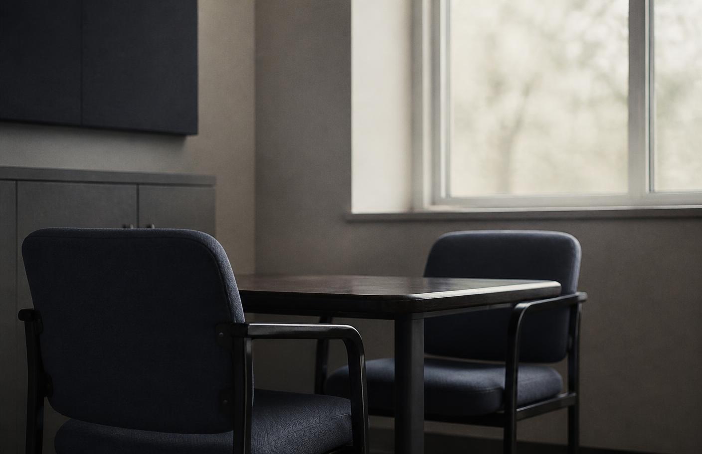 Two chairs at a small table by a window in a quiet meeting room