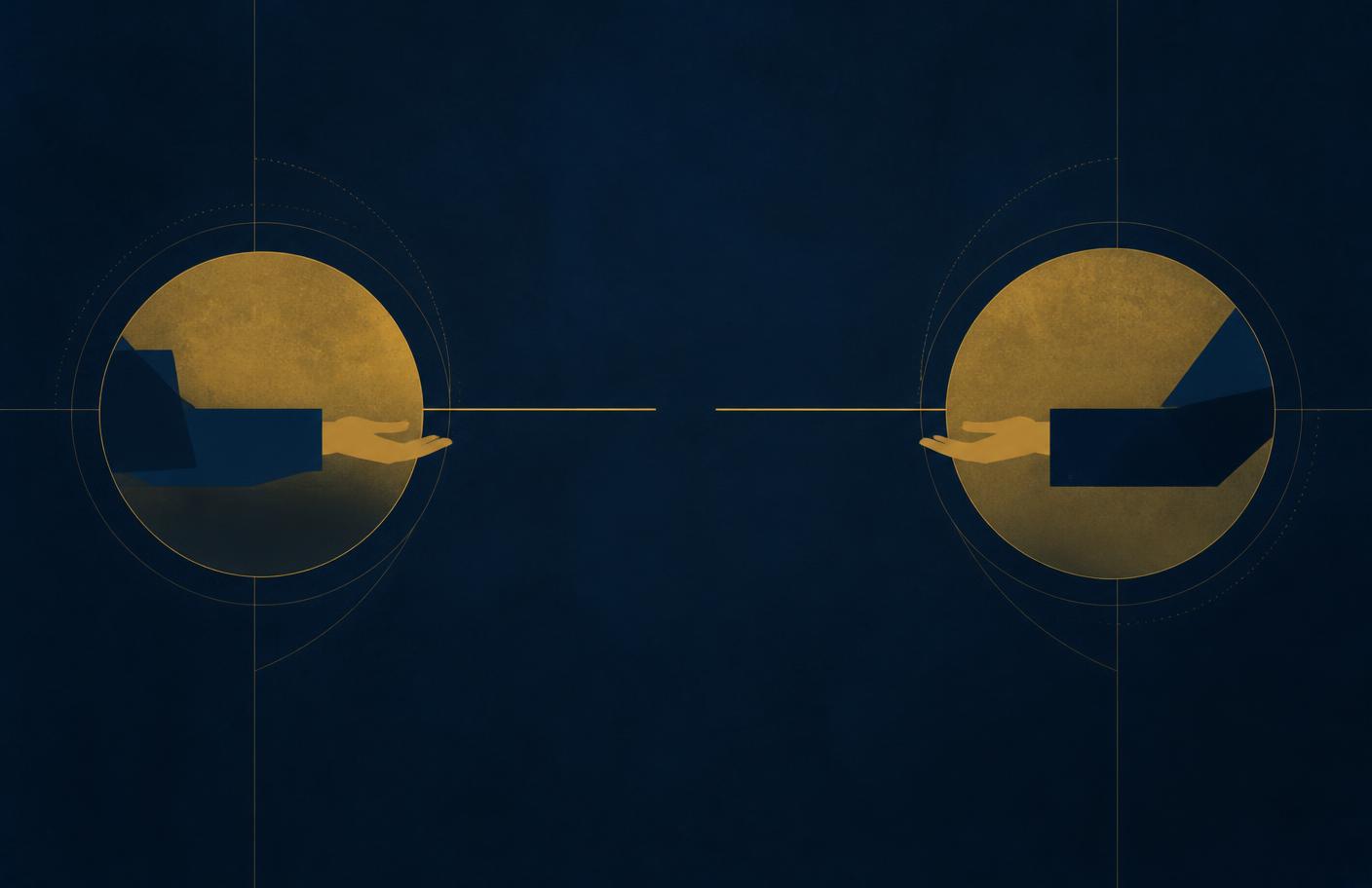 Abstract figure of two open hands separated by a measured gap, representing an arms-length handover